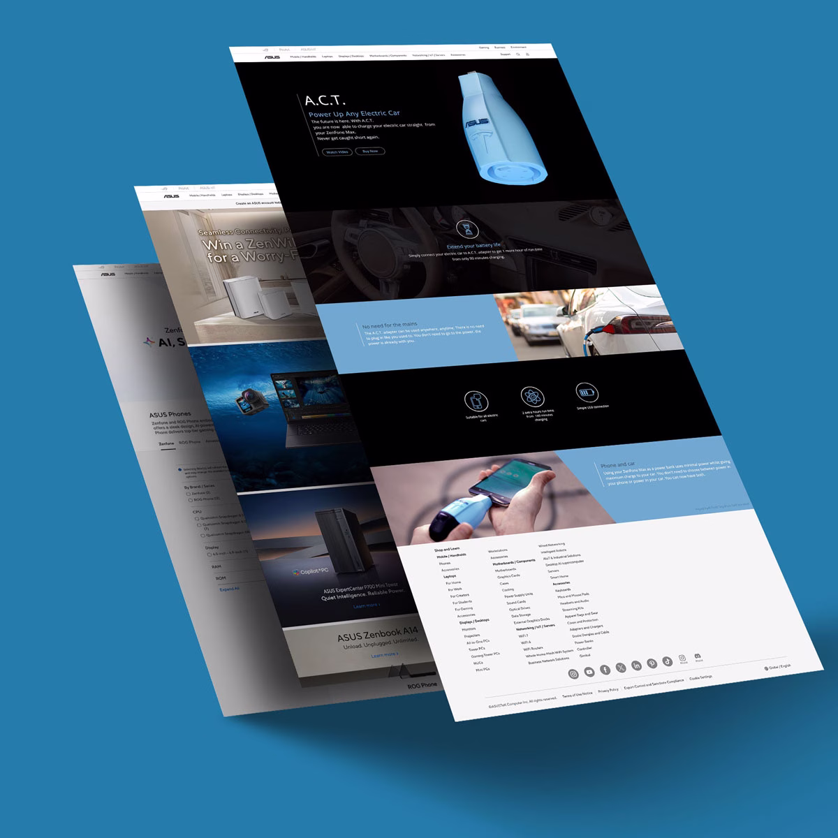 高科技電動車充電解決方案網站設計，呈現創新能源產品與流暢的UI/UX使用者體驗，突顯科技與汽車產業的網頁開發與視覺設計專業。
